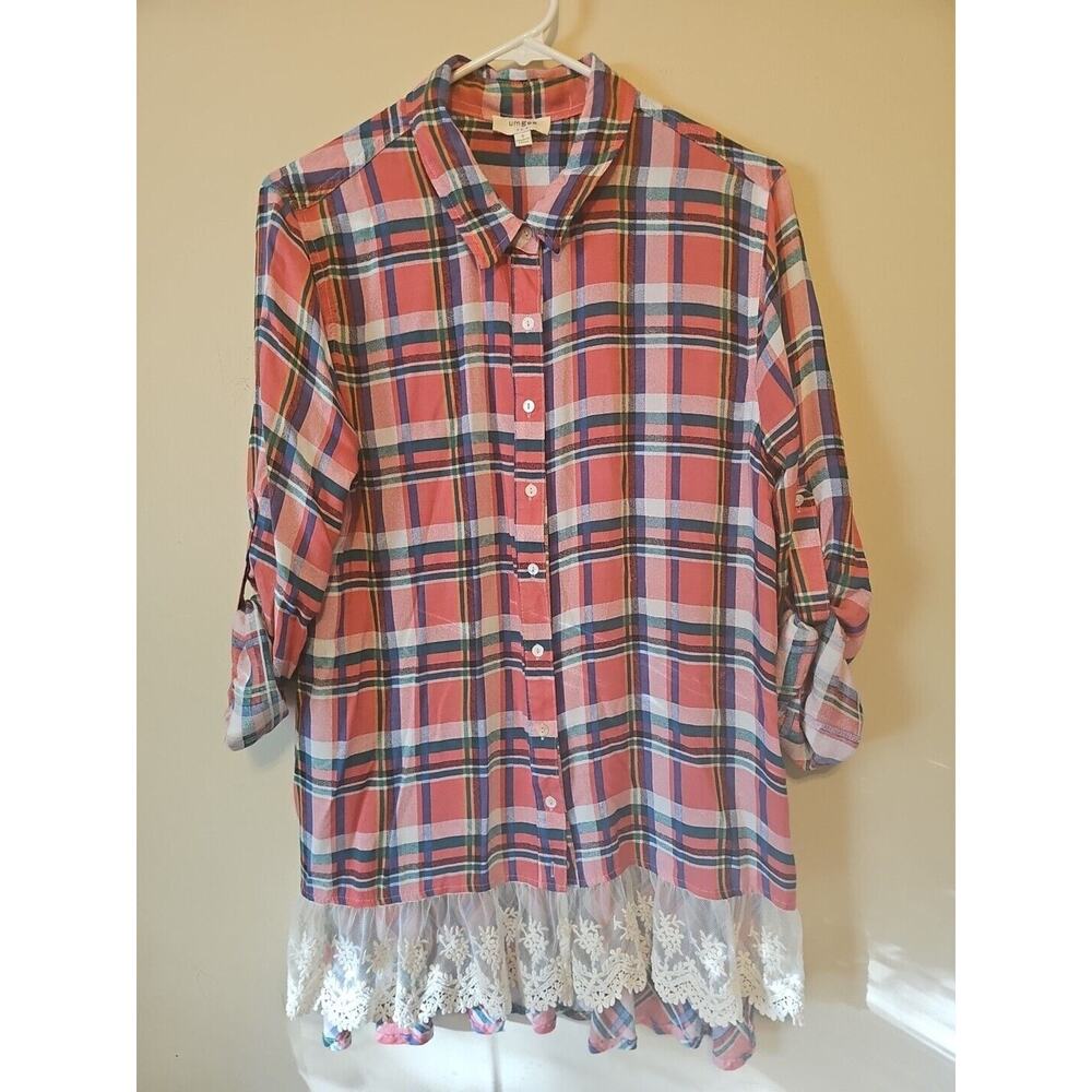 Umgee Shirt Top Blouse Womens Size Small‎ Plaid Button Up Lace Trim